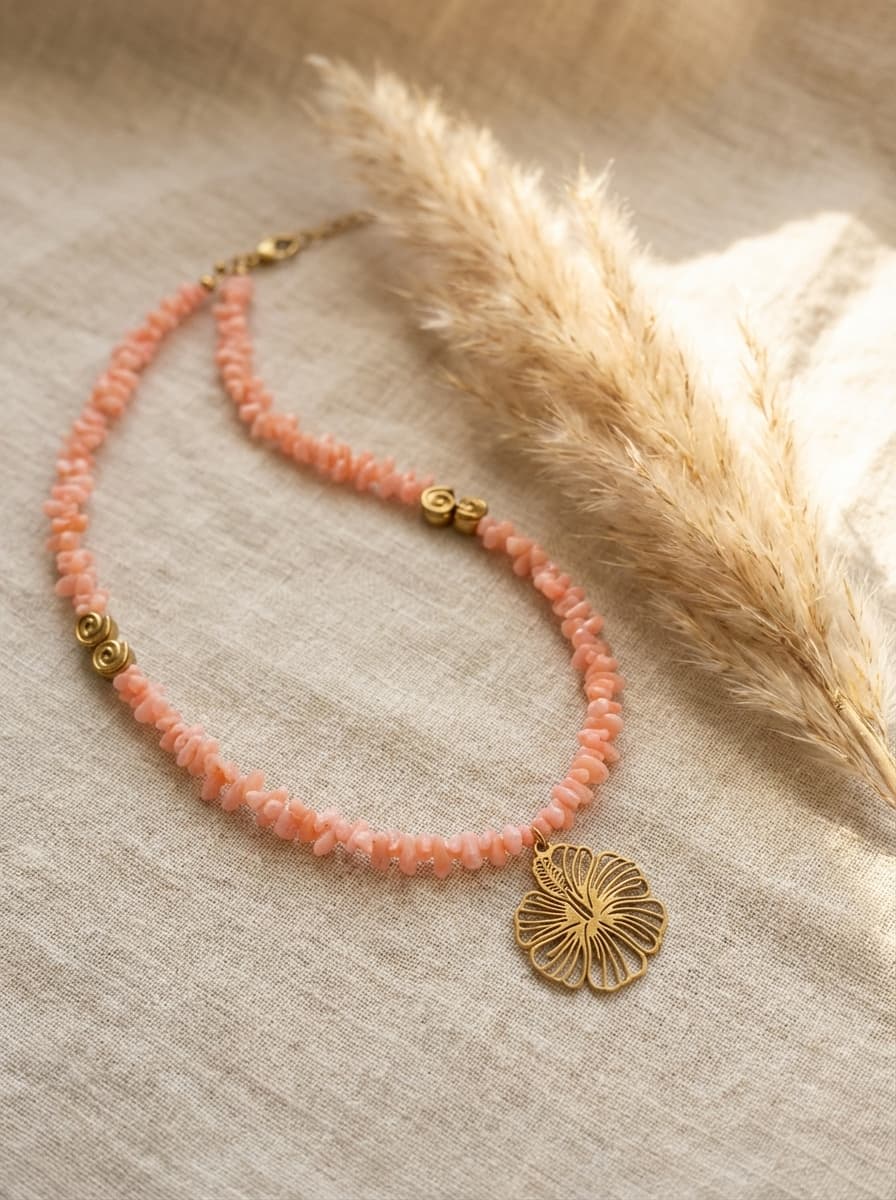 Naszyjnik handmade Nawlekana - różowe koraliki z złotą zawieszką